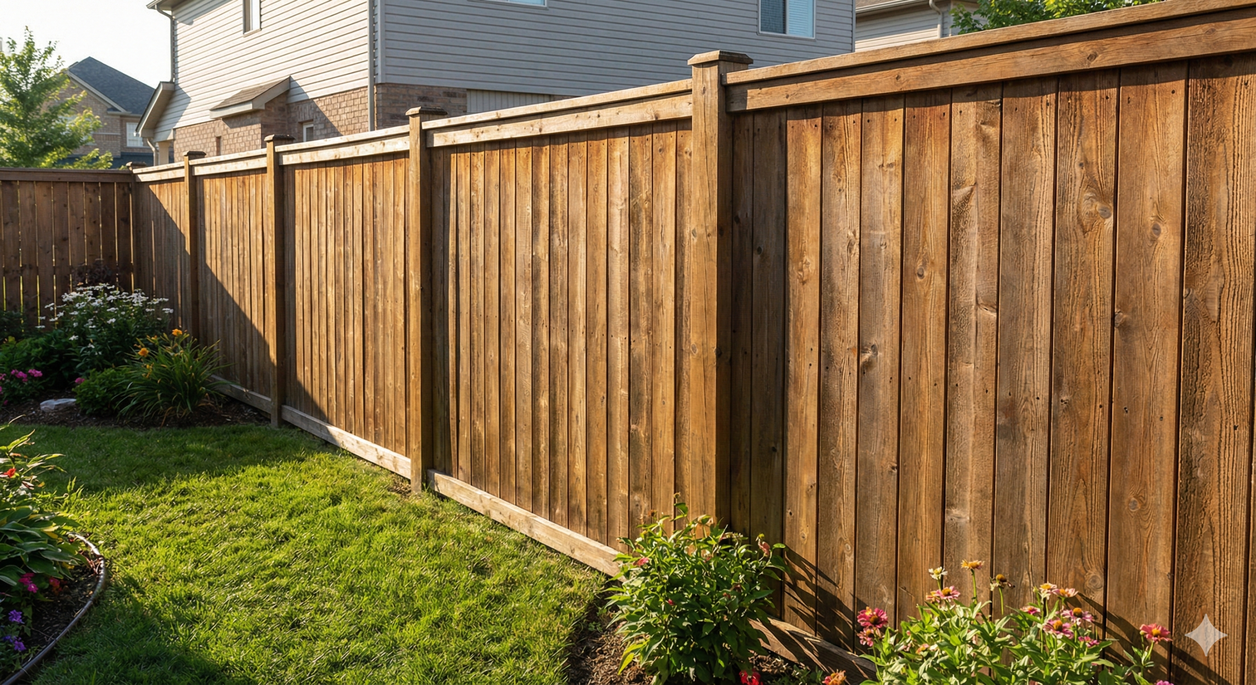 Professionally installed wood fence in a Central Mississippi backyard at sunset